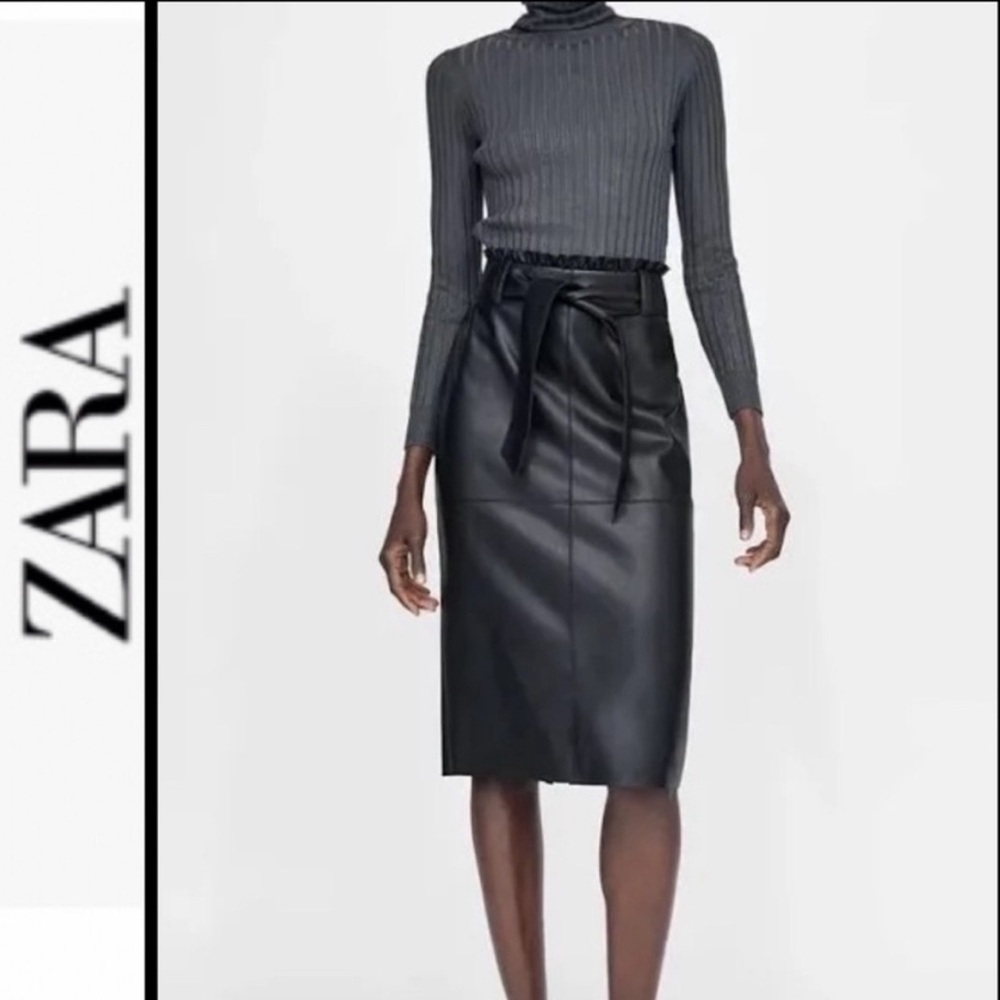 Zara Basic Faux Leather, Tie Waist, Pencil Skirt